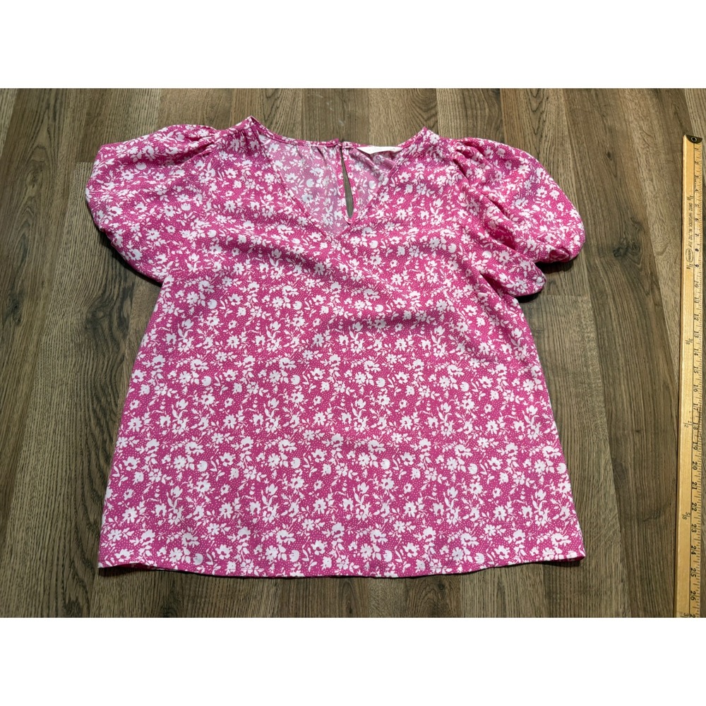LC Lauren Conrad Shirt Womens Size S Pink Floral Puff Sleeve Blouse V-Neck Top